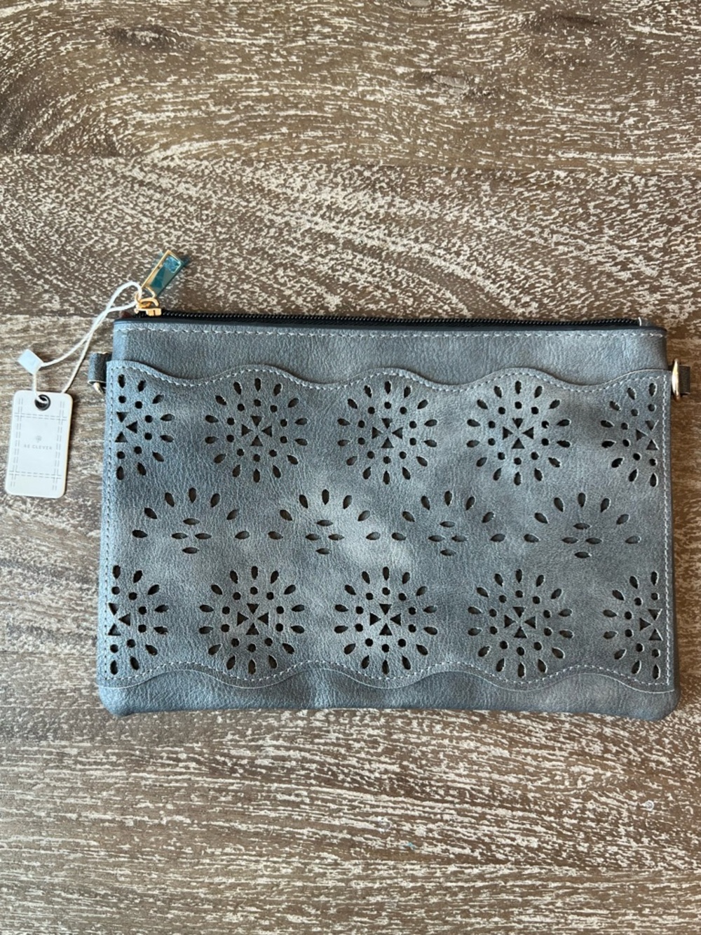 Be Clever faux leather Gray Wristlet Clutch with Cutouts